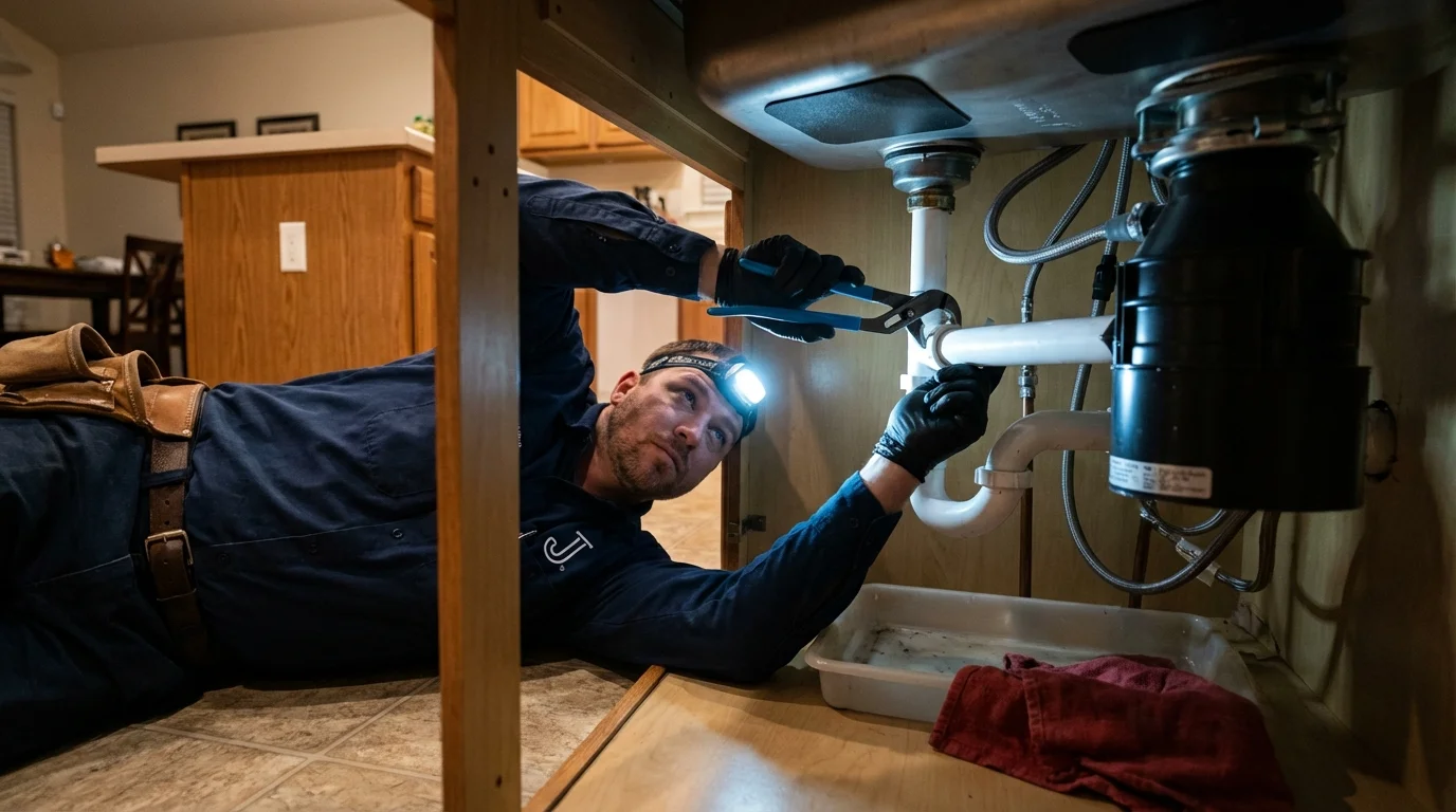 P-trap and supply line connections under a kitchen sink showing a common leak point in Cordova, AK